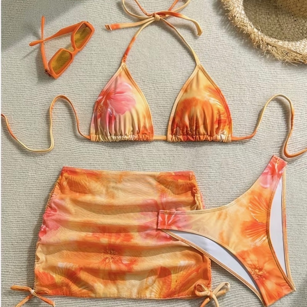 Tropical Orange Floral Bikini Set with Mesh Skirt